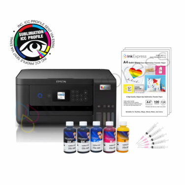 Epson EcoTank ET-2851 A4 Sublimation Printer Package including a 4 colour set of Inktec Sublinova dye sublimation ink, sublimation paper and a custom ICC profile.