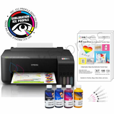 Epson EcoTank ET-1810 A4 Sublimation Printer Package including a 4 colour set of Inktec Sublinova dye sublimation ink, sublimation paper and a custom ICC profile.