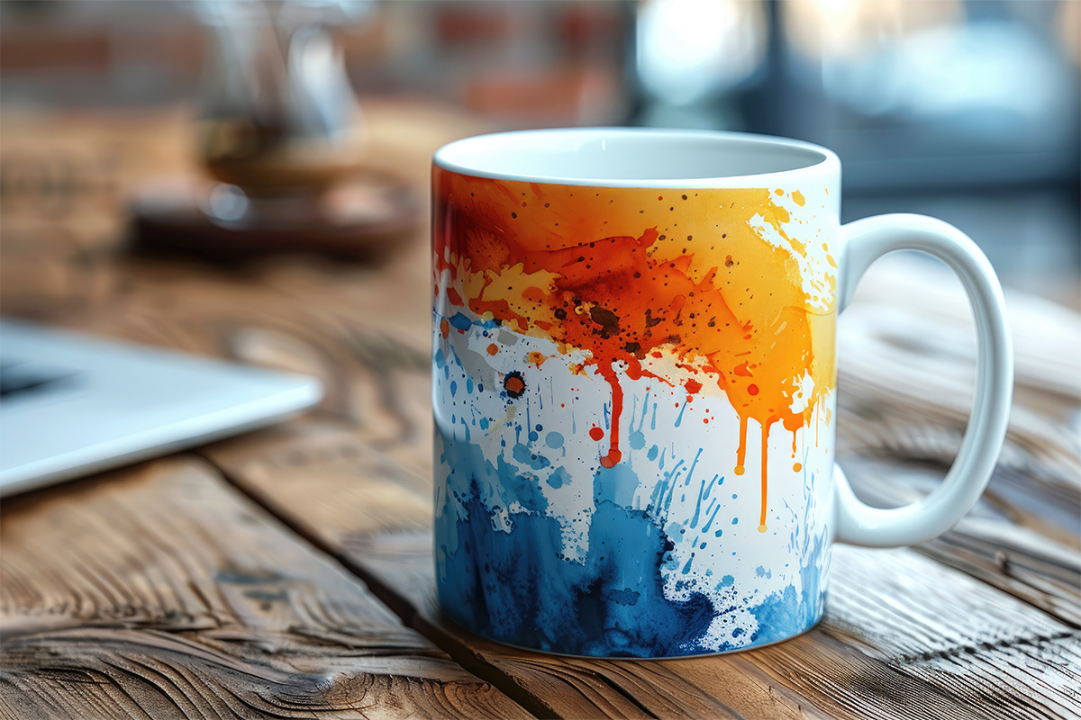 A vibrant printed mug featuring a colourful design, showcasing the exceptional quality of prints achieved with Subli-Pro premium sublimation paper.