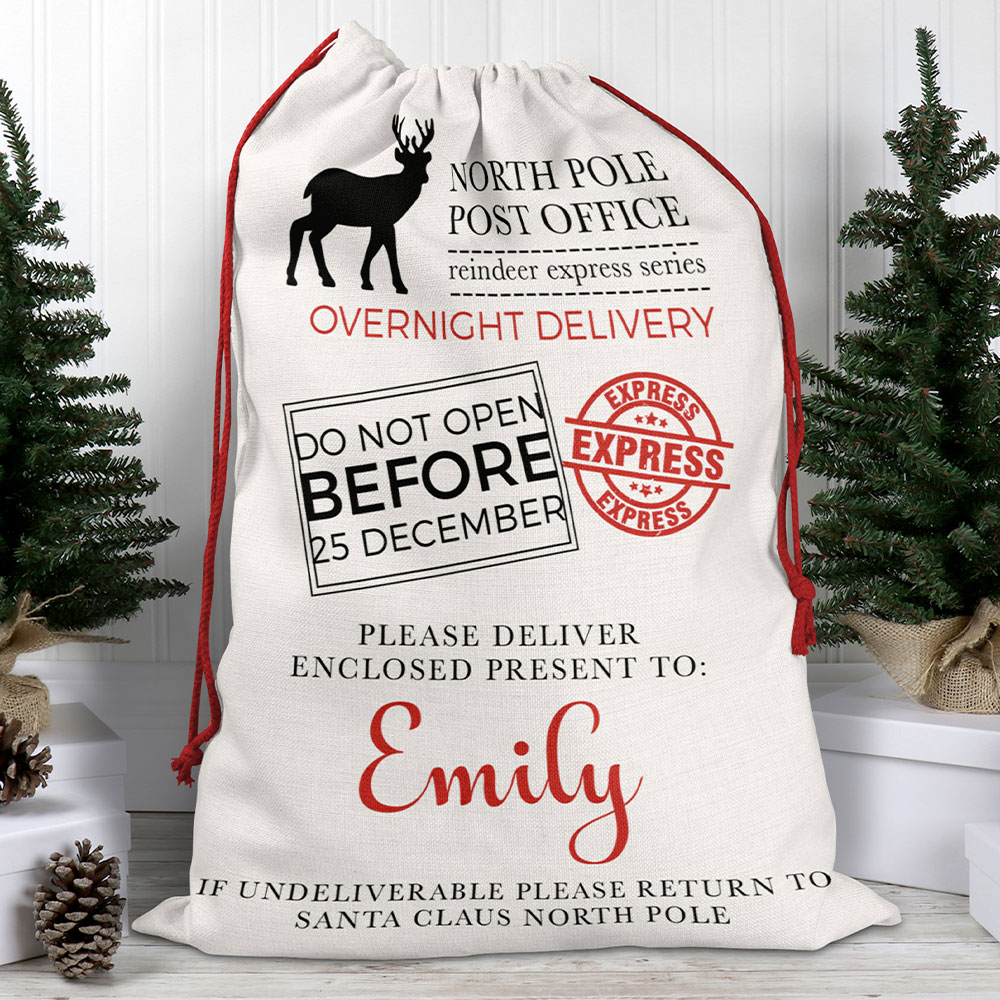 Personalised printed Santa sack filled with Christmas presents, showcasing festive sublimation design ideas for a unique Christmas morning gift experience.