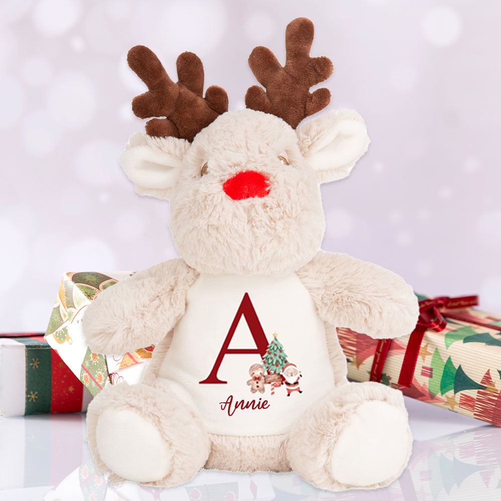 Personalised Mumbles reindeer teddy with custom sublimation print, showcasing festive Christmas sublimation ideas for a unique Christmas gift.