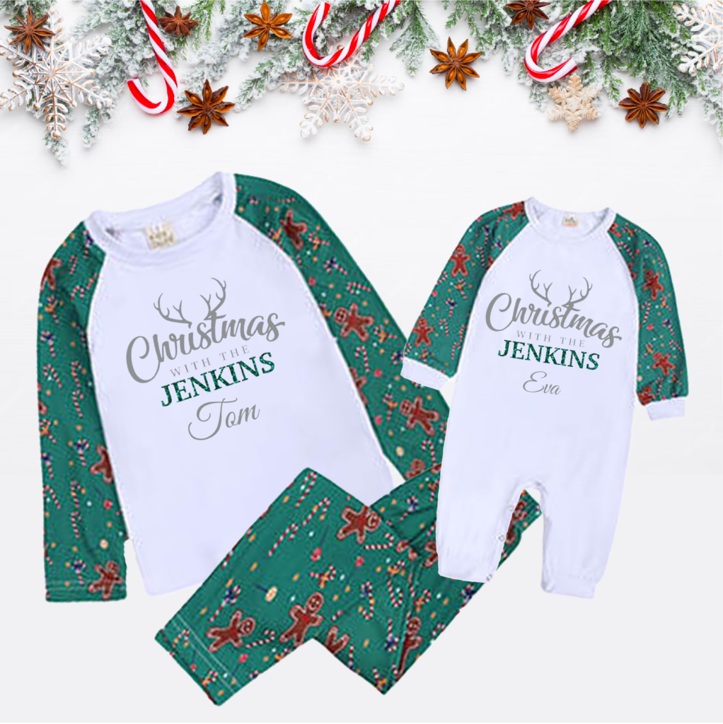 Pair of personalised sublimation Christmas pyjamas and matching Christmas romper, showcasing festive Christmas sublimation ideas for unique family gifts.